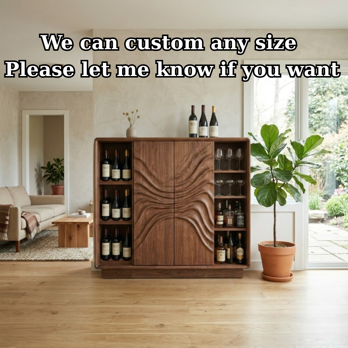 Solid Wood Wine Cabinet with Sculptural Wave Doors and Glass & Bottle Storage