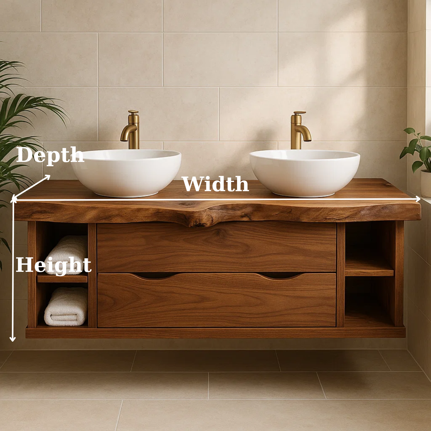 Rustic Double Sink Solid Wood Floating Bathroom Vanity with Live Edge Countertop
