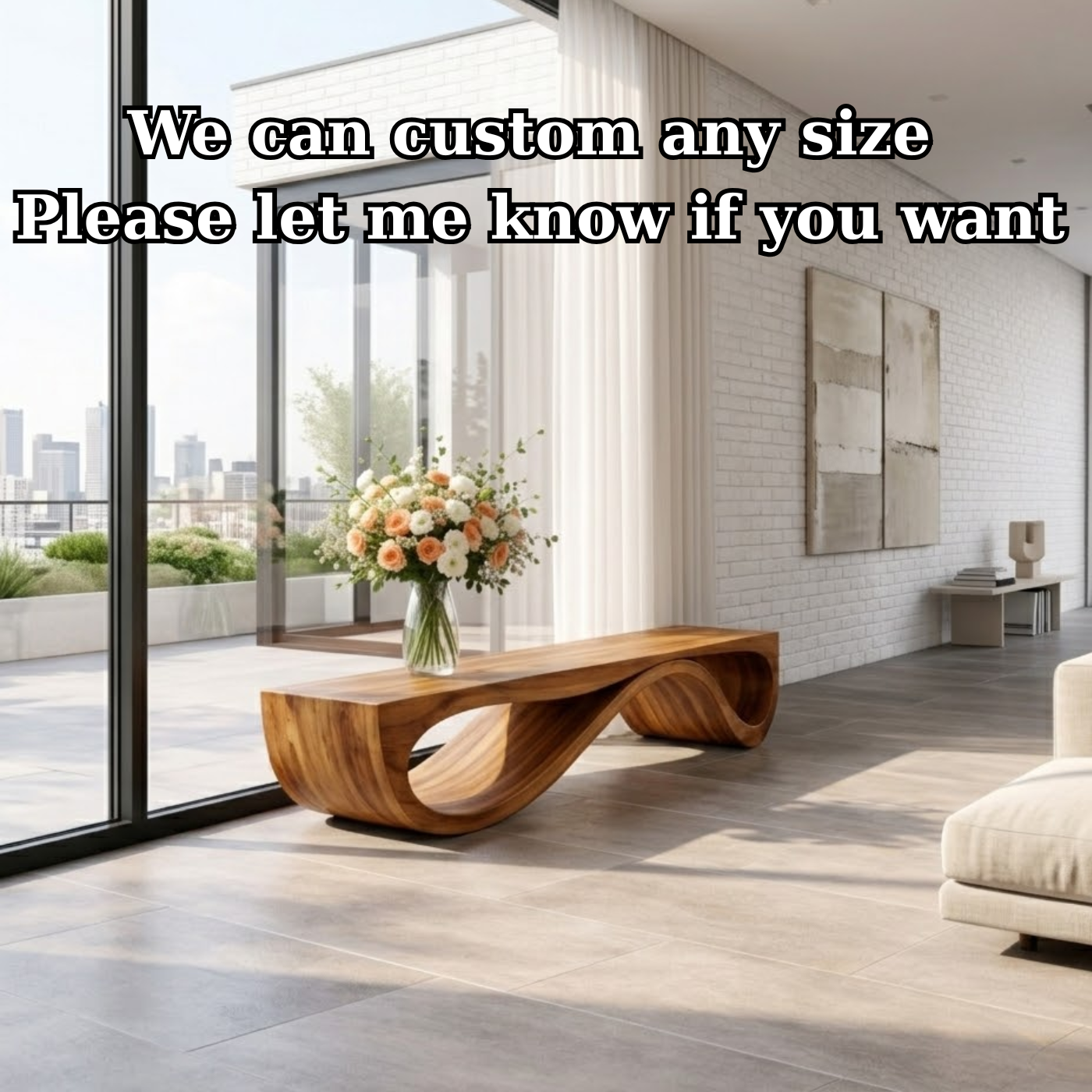 Handcrafted Solid Wood Bench with Sculptural Wave Base Design