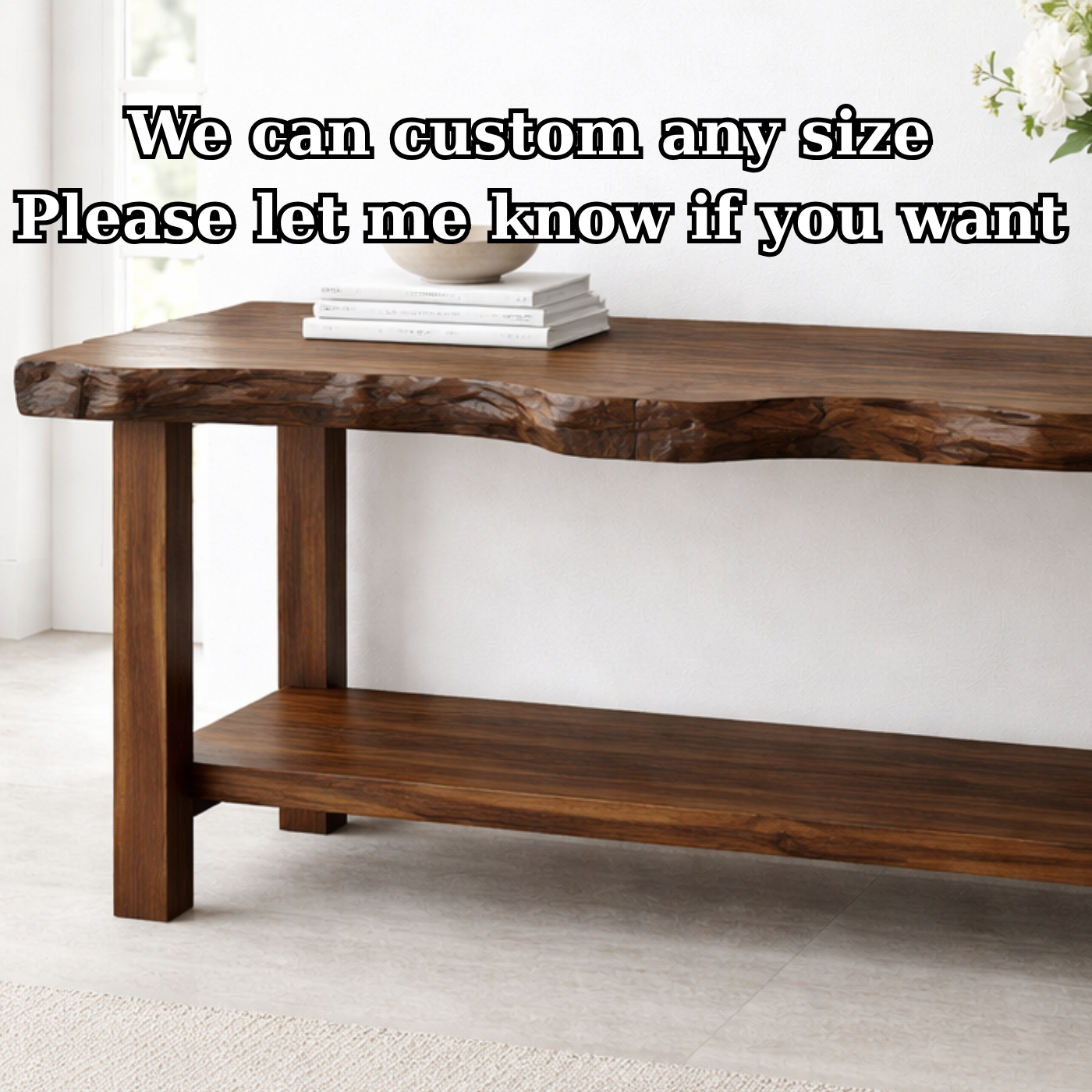 Solid Wood Console Table with Live Edge Top – Rustic Entryway & Sofa Table with Shelf