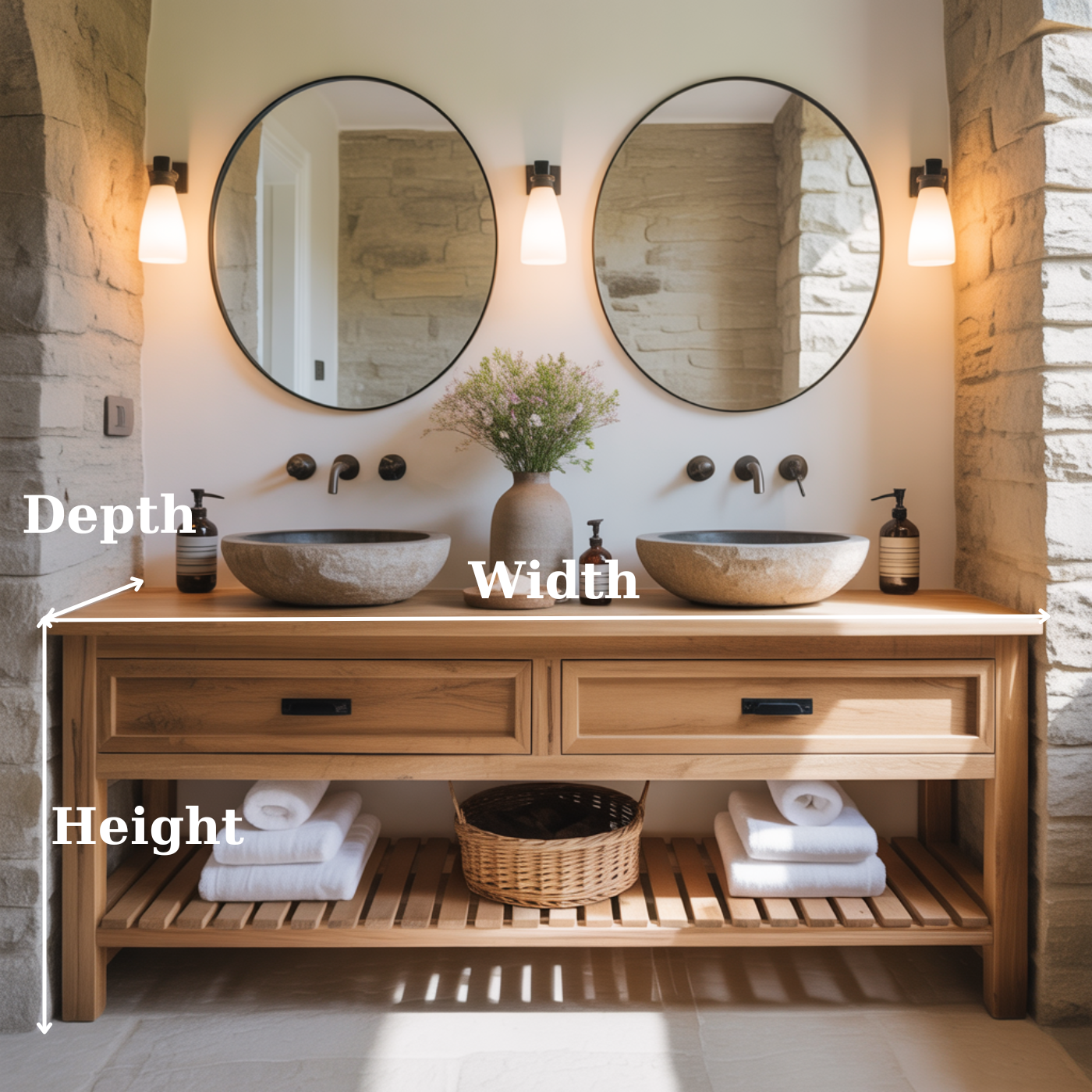 Rustic Solid Wood Double Bathroom Vanity with Open Slatted Shelf