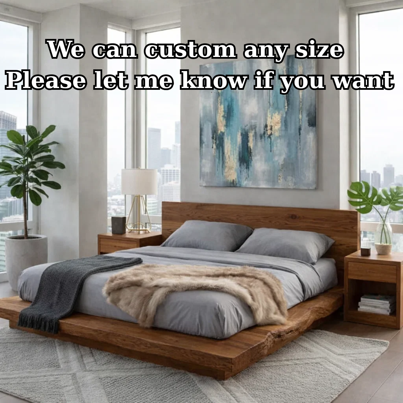 Handcrafted Live Edge Solid Wood Low Platform Bed with Minimalist Headboard