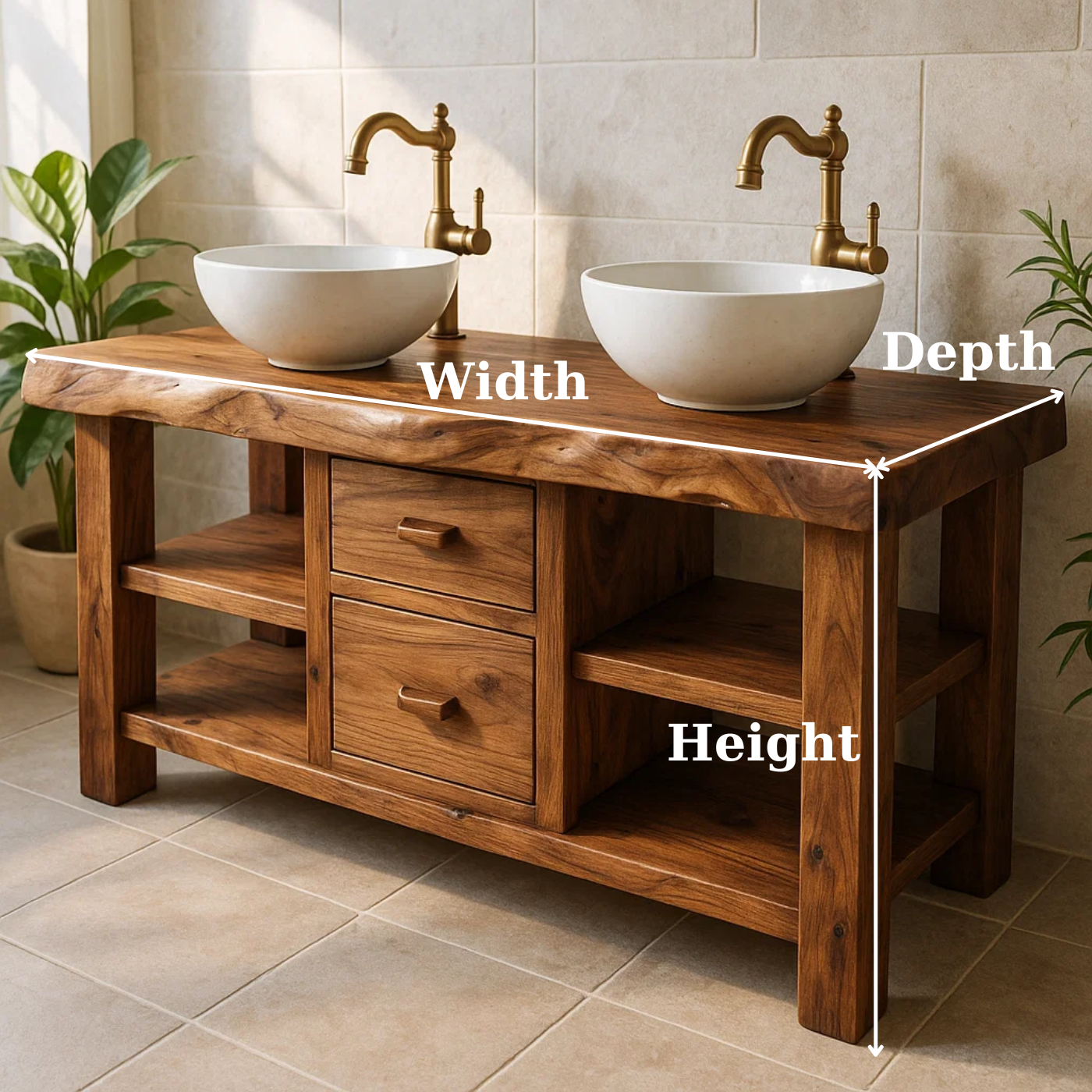Solid Wood Double Bathroom Vanity with Open Shelving and Center Drawers