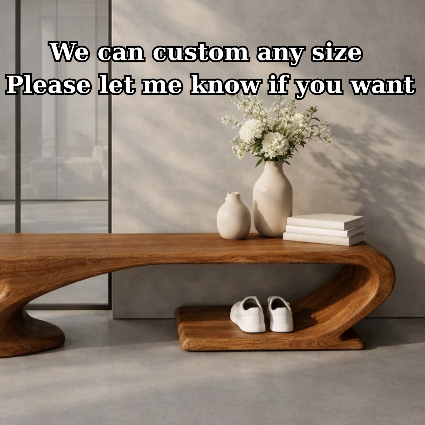 Solid Wood Sculptural Entryway Bench, Organic Wavy Minimalist Hallway Seat