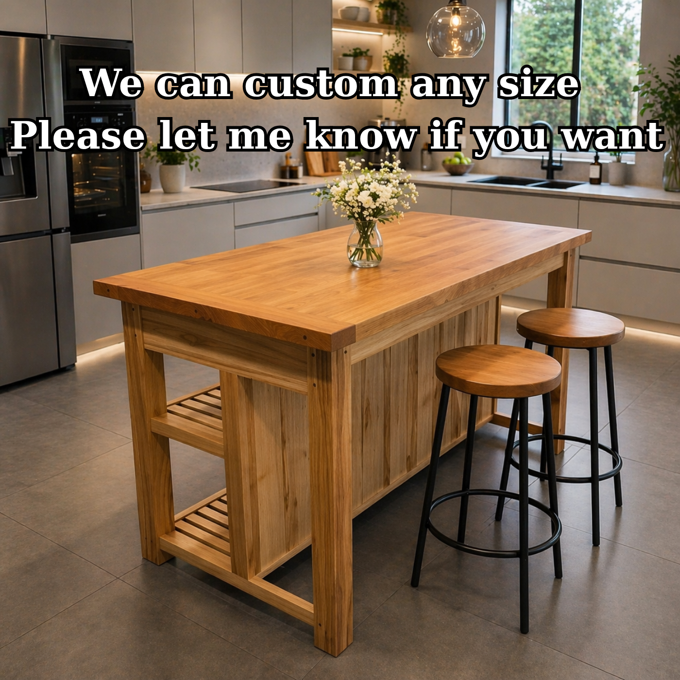 Solid Wood Kitchen Island Table with Storage Shelf – Rustic Modern Dining Island, Large Wooden Prep Table for Kitchen