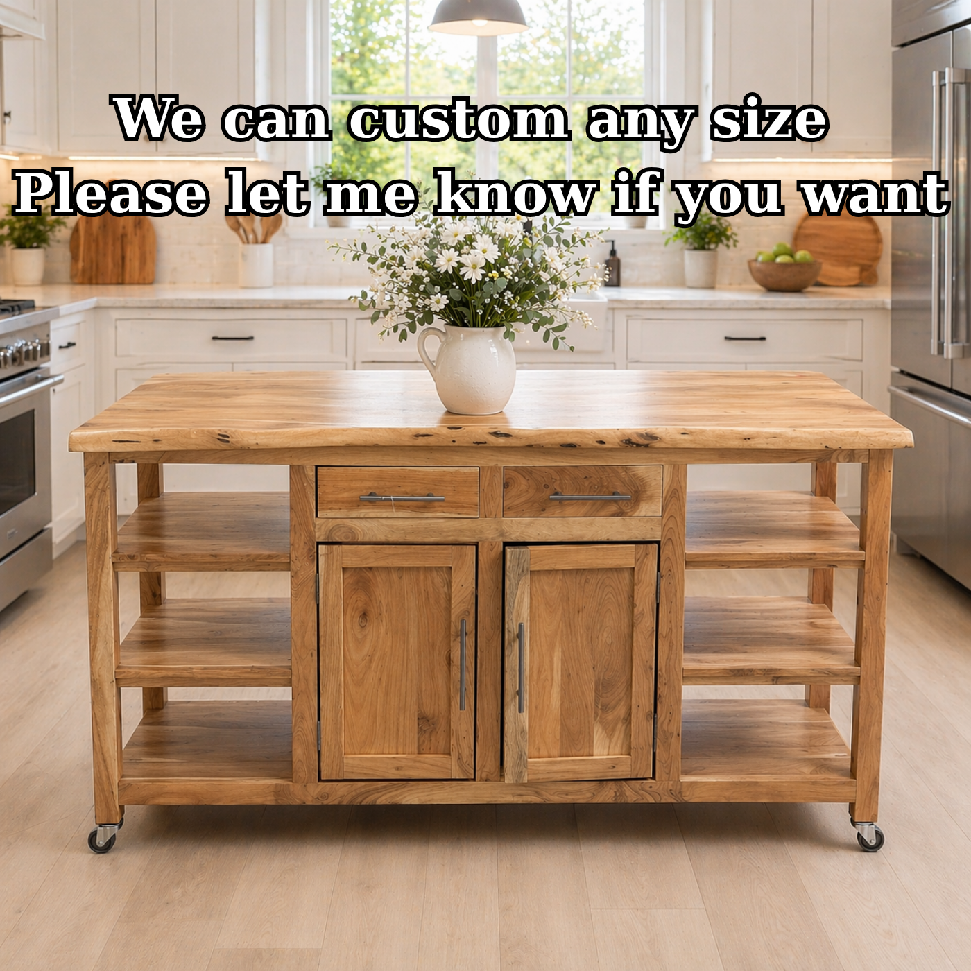 Solid Wood Kitchen Island with Storage & Shelves – Rustic Kitchen Cart, Rolling Prep Table with Drawers & Cabinet
