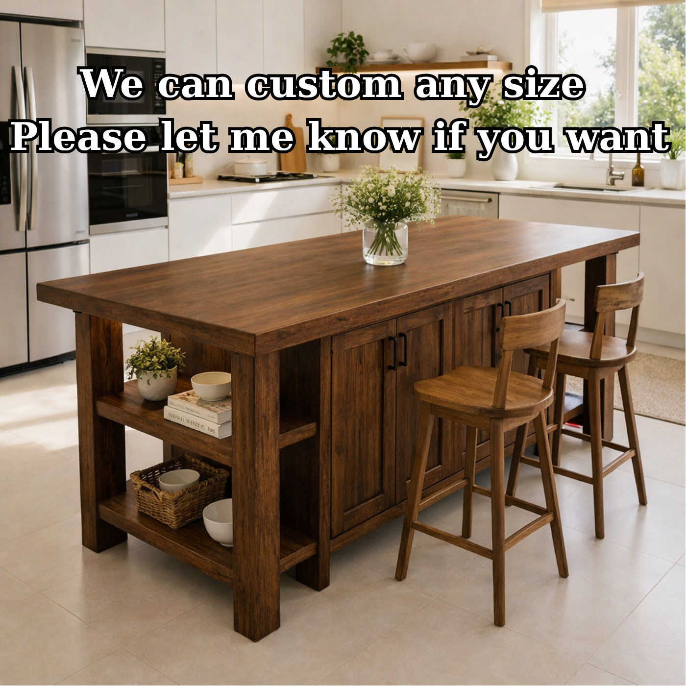 Solid Wood Kitchen Island with Seating & Storage – Rustic Walnut Dining Island Table with Cabinets & Open Shelves