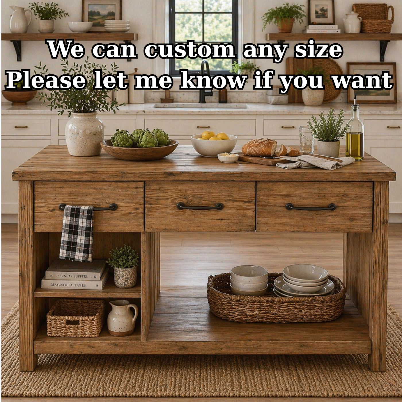 Solid Wood Kitchen Island with Drawers & Open Shelves – Rustic Farmhouse Kitchen Table, Large Wooden Prep Station