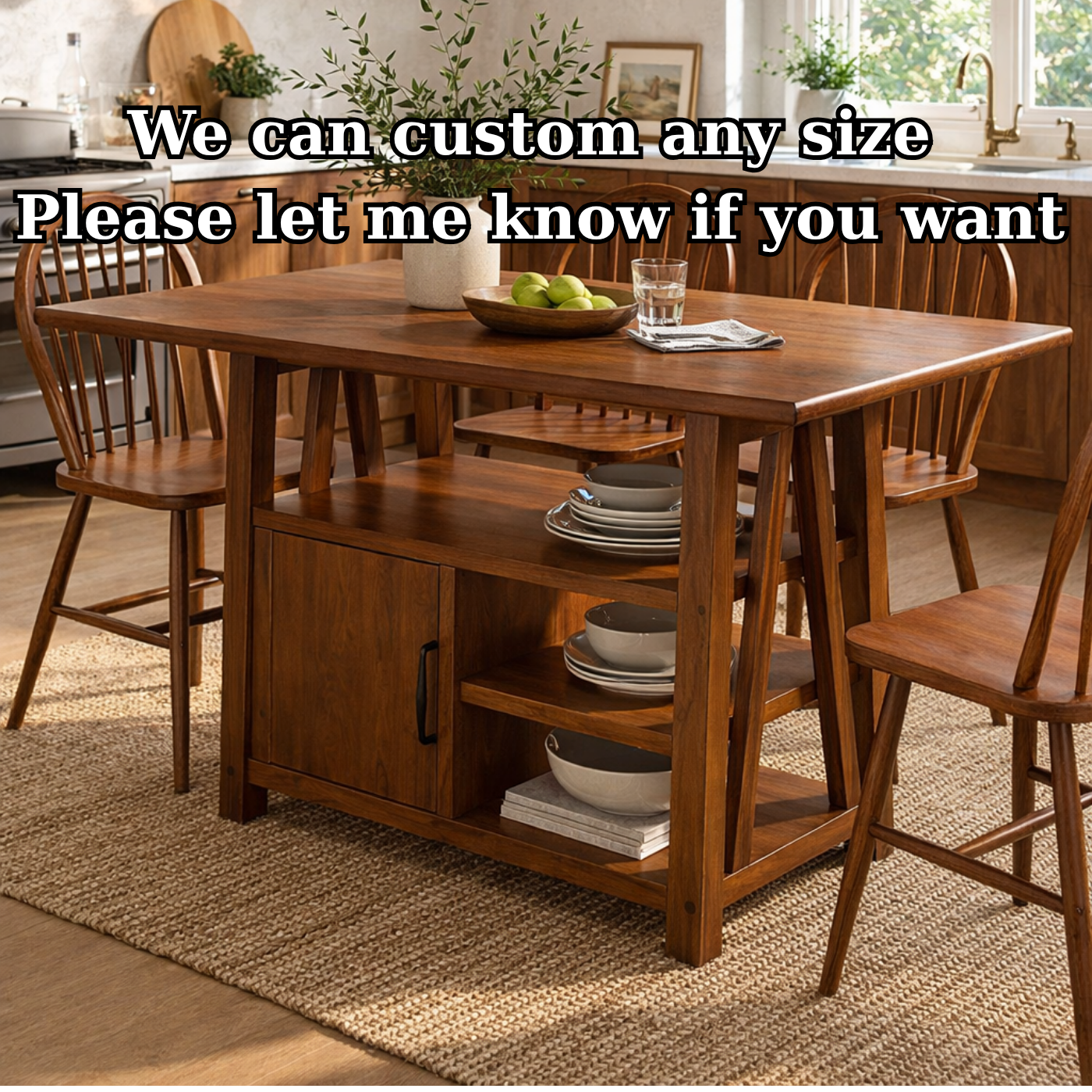 Solid Wood Dining Table with Storage Shelf – Rustic Walnut Kitchen Island Table, Wooden Dining Table with Cabinet