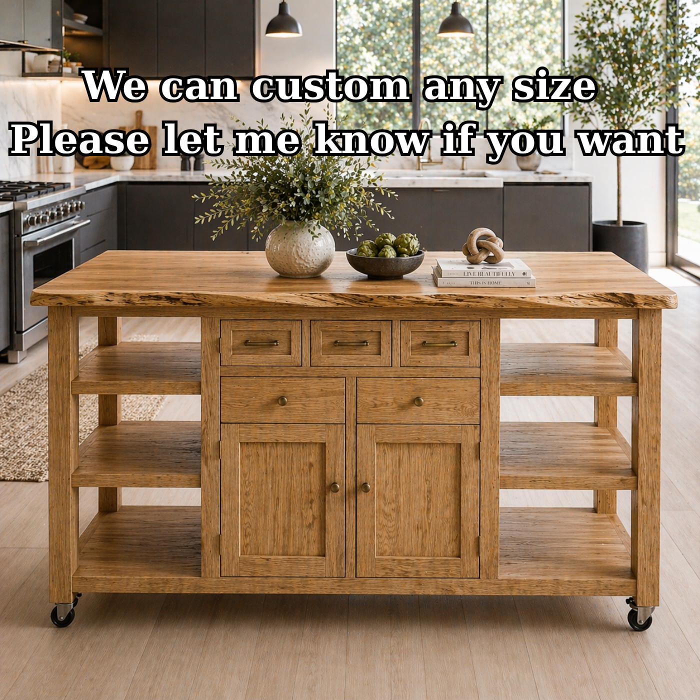 Solid Wood Kitchen Island with Storage & Shelves – Rustic Oak Kitchen Cart, Rolling Prep Table with Drawers & Cabinet