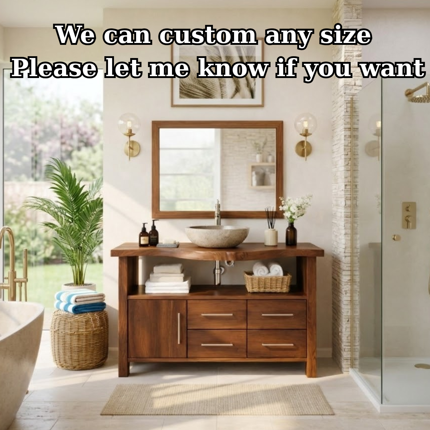 Live Edge Solid Wood Bathroom Vanity with Single Cabinet Door, Four Drawers and Open Shelf for Modern Farmhouse