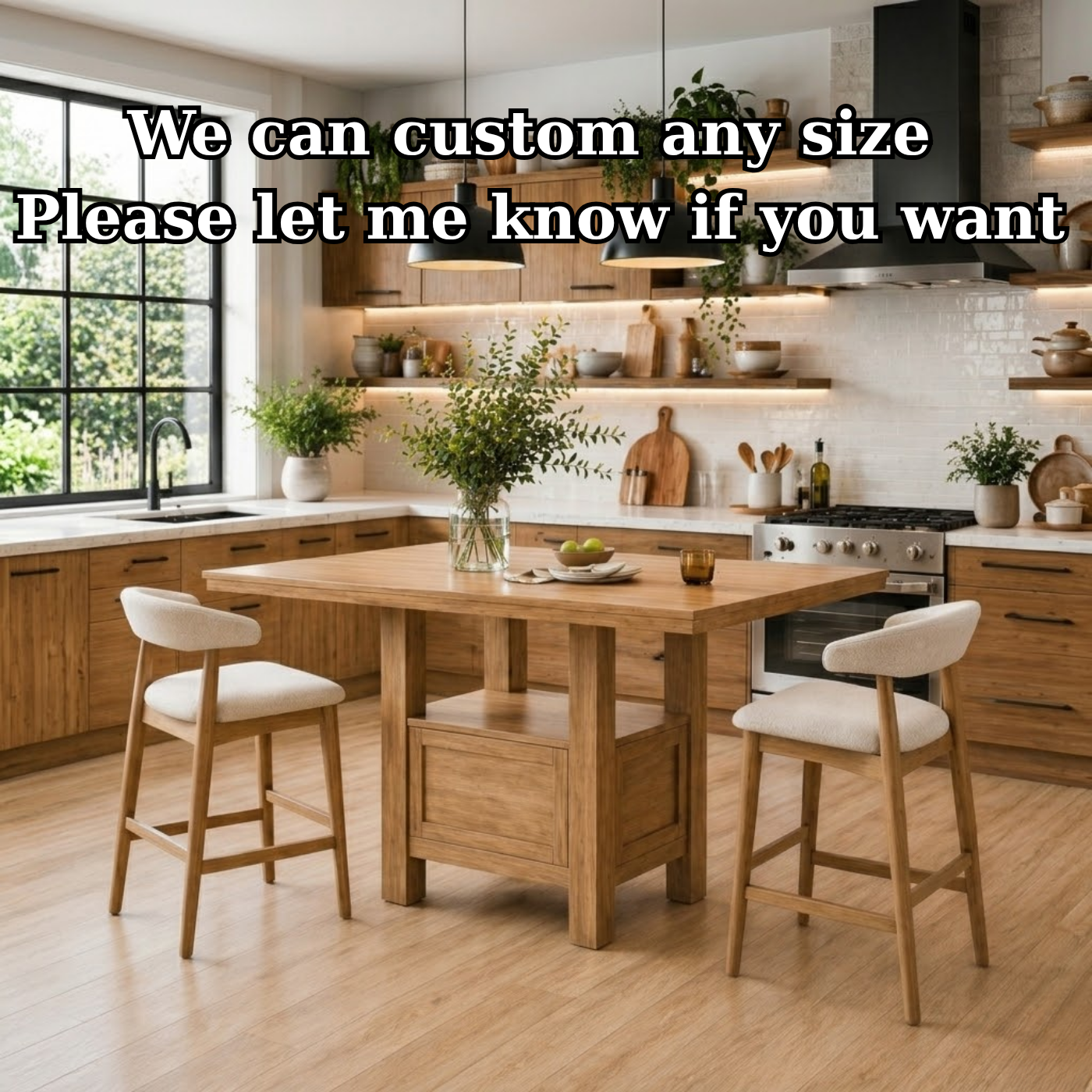 Solid Wood Kitchen Island Table with Storage Base – Walnut Dining Island Table, Rustic Modern Kitchen Table