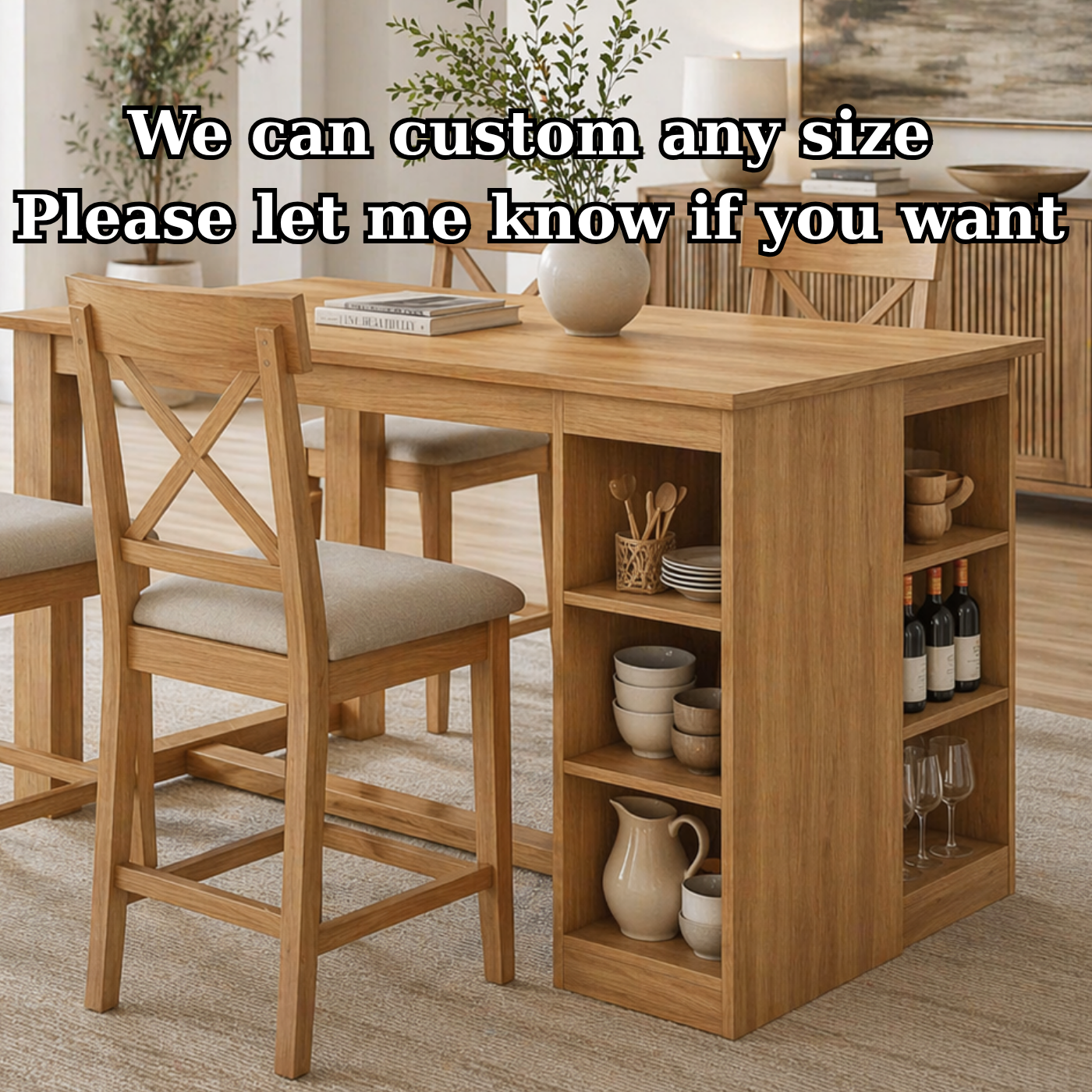 Solid Wood Dining Table with Storage Shelf – Oak Kitchen Island Table with Wine Rack, Modern Farmhouse Dining Table