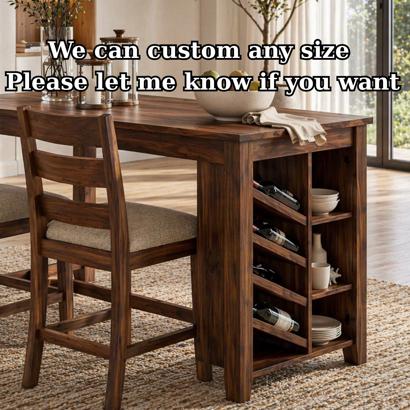 Solid Wood Dining Table with Wine Rack – Rustic Oak Kitchen Island Table, Wooden Dining Table with Storage