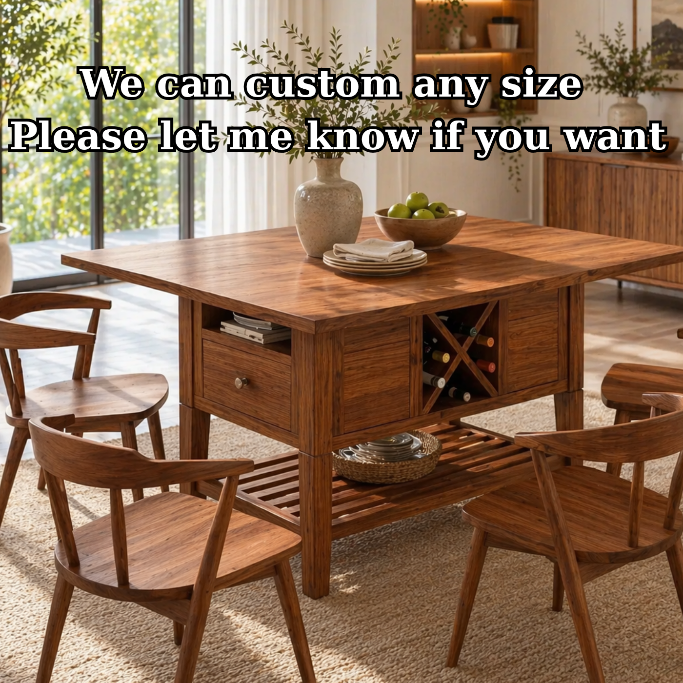 Solid Wood Kitchen Island with Storage Shelf and Wine Rack – Modern Farmhouse Prep Table