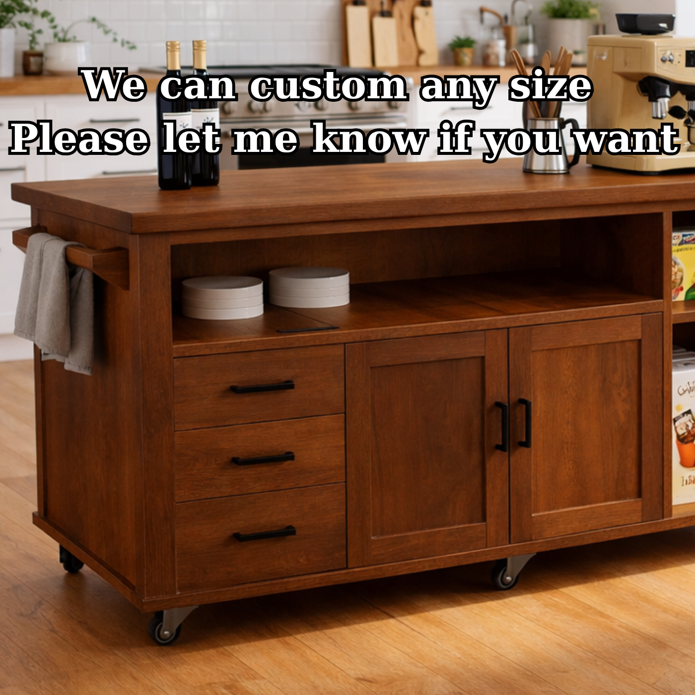 Solid Wood Kitchen Island with Storage & Shelves – Rolling Kitchen Cart with Drawers, Cabinets & Open Storage
