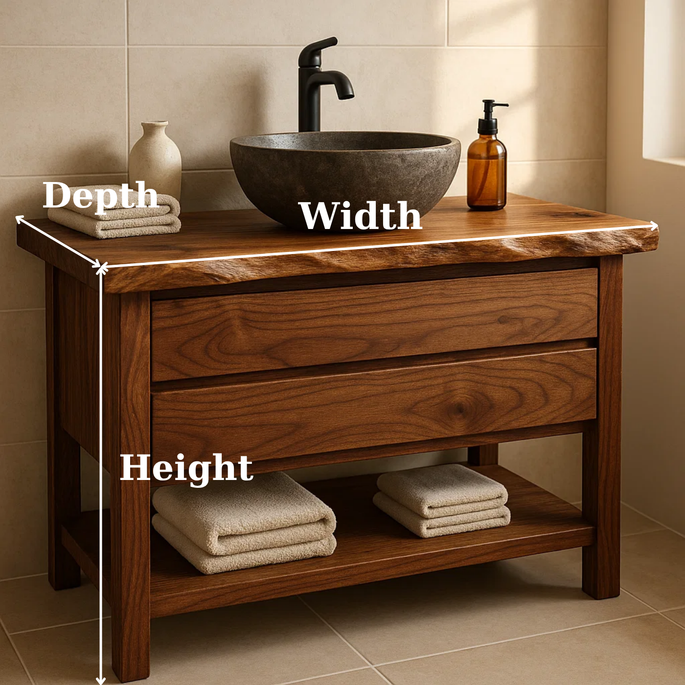 Live Edge Solid Wood Bathroom Vanity with Two Drawers and Open Bottom Shelf for Warm Modern Bathrooms