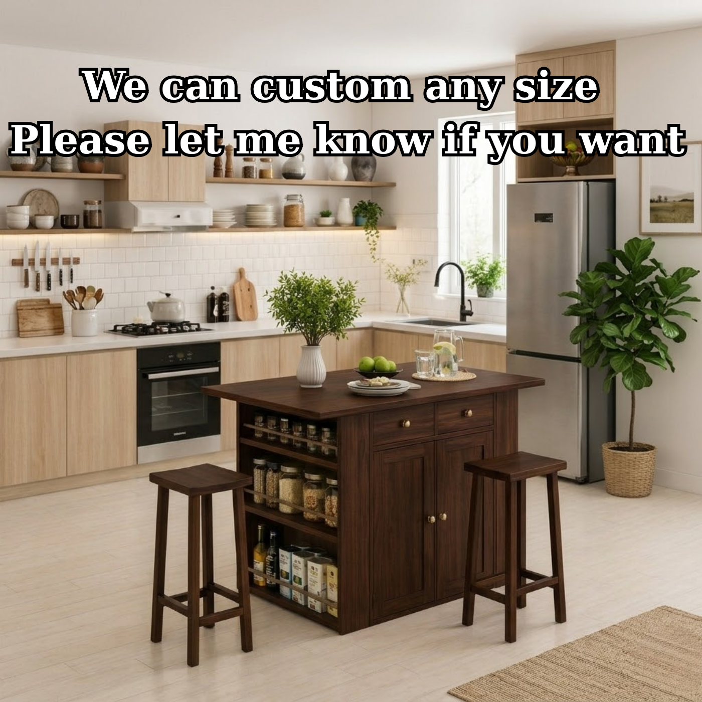 Solid Wood Kitchen Island with Spice Rack & Storage – Kitchen Table with Cabinets, Compact Dining Island
