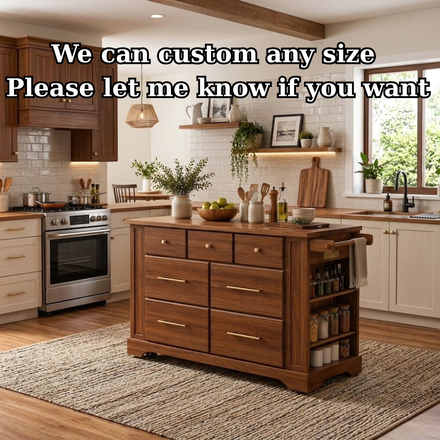 Solid Wood Kitchen Island with Drawers & Side Storage – Rolling Walnut Kitchen Cart with Spice Rack