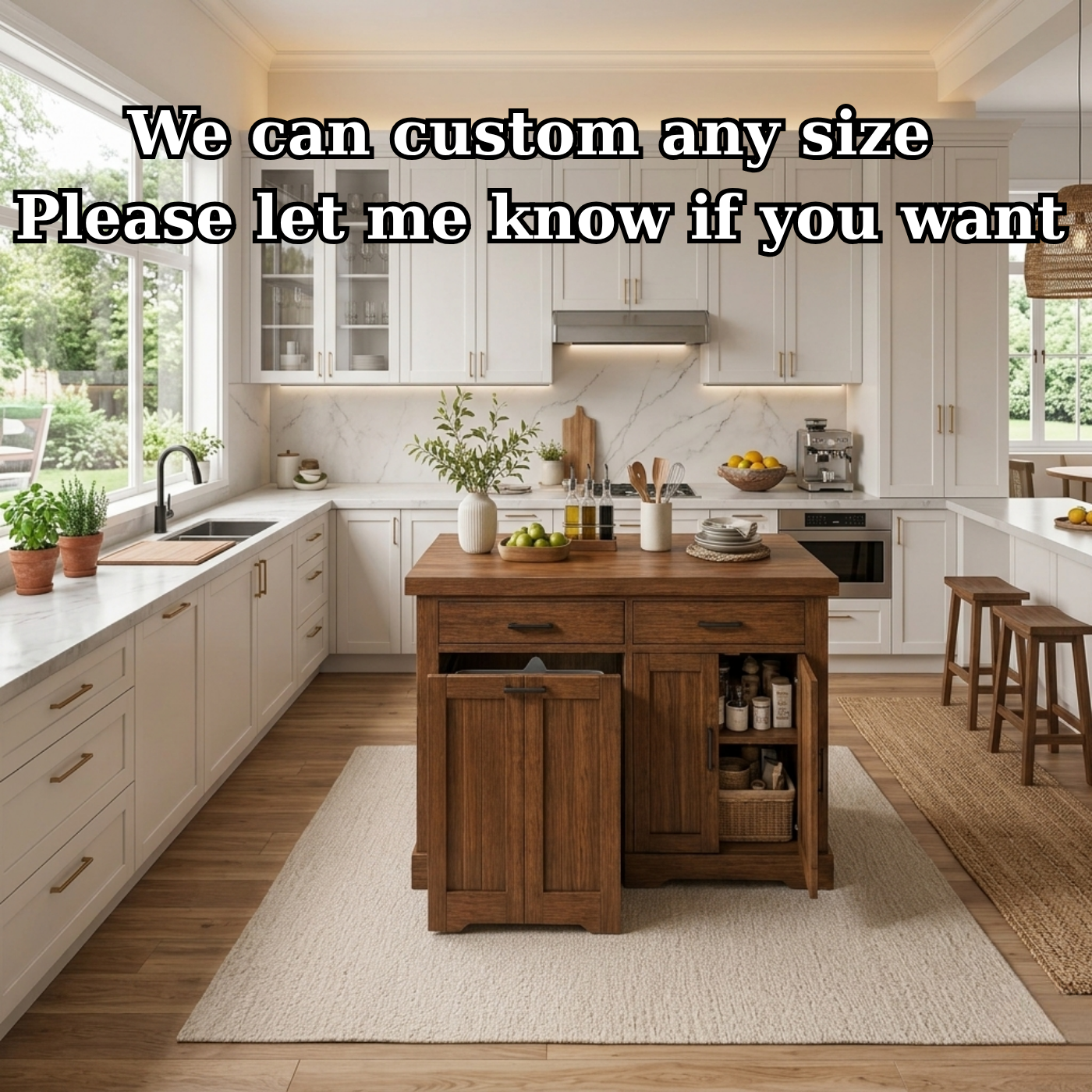 Solid Wood Kitchen Island with Trash Storage – Prep Table with Cabinets