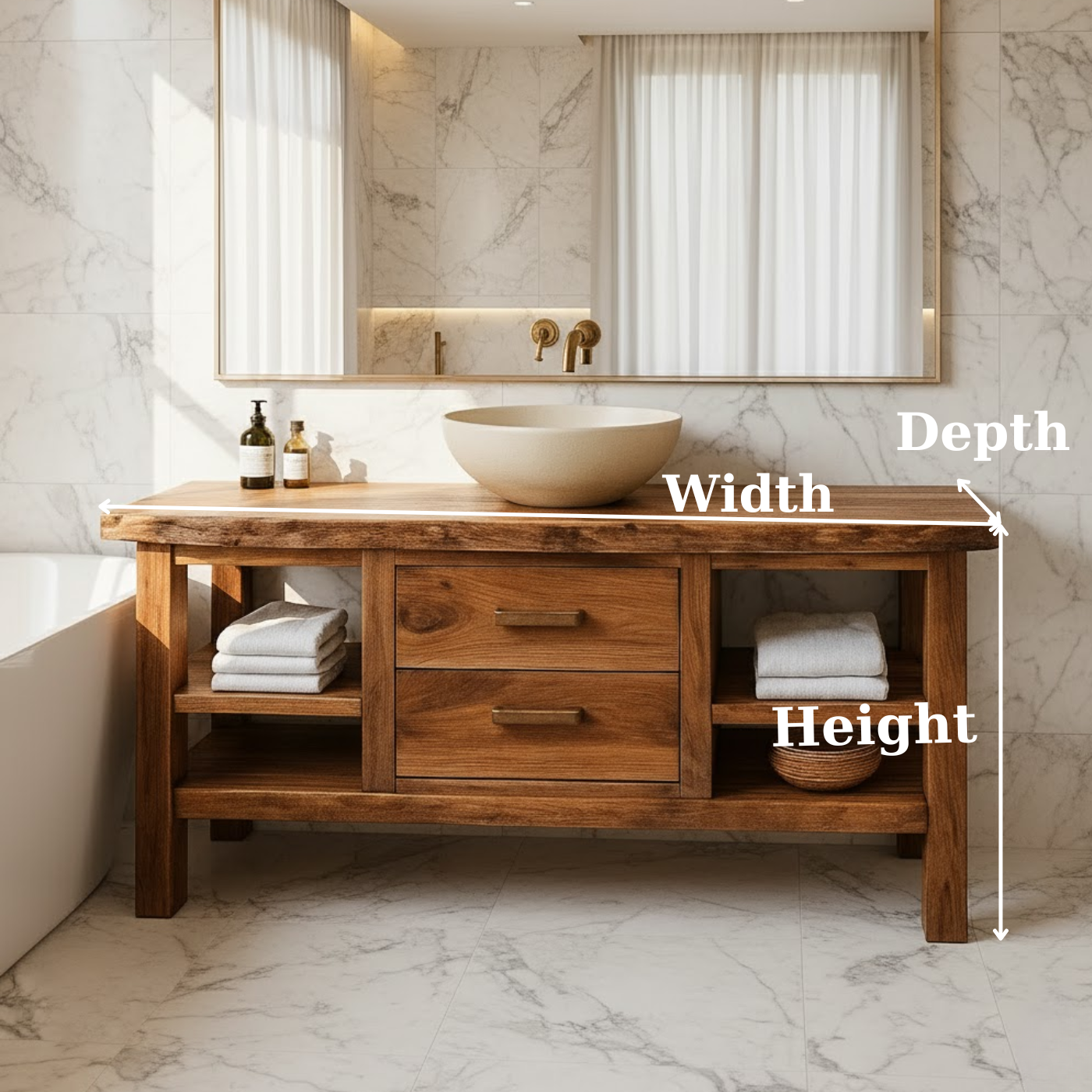 Solid Wood Bathroom Vanity with Center Drawers and Open Side Shelves for Contemporary Bathrooms