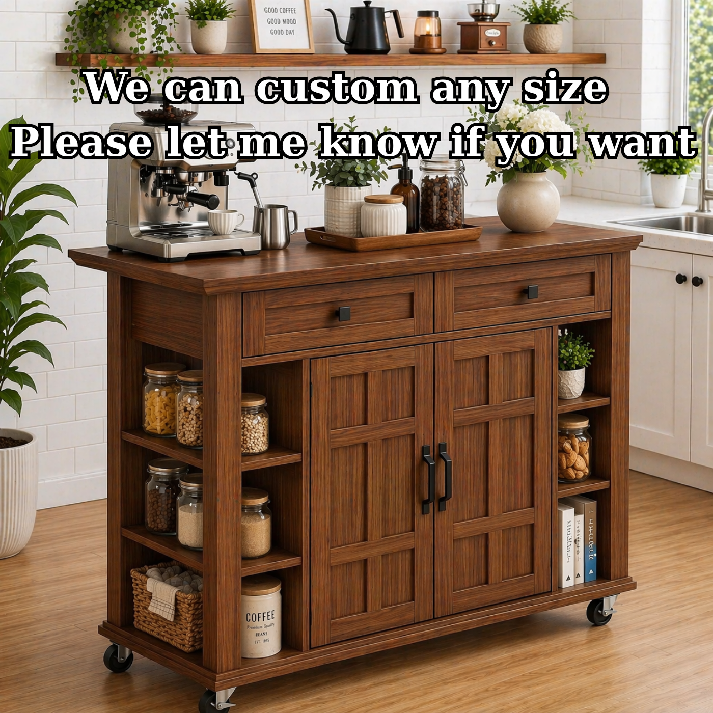 Solid Wood Kitchen Island Cart – Walnut Coffee Station with Storage Shelves