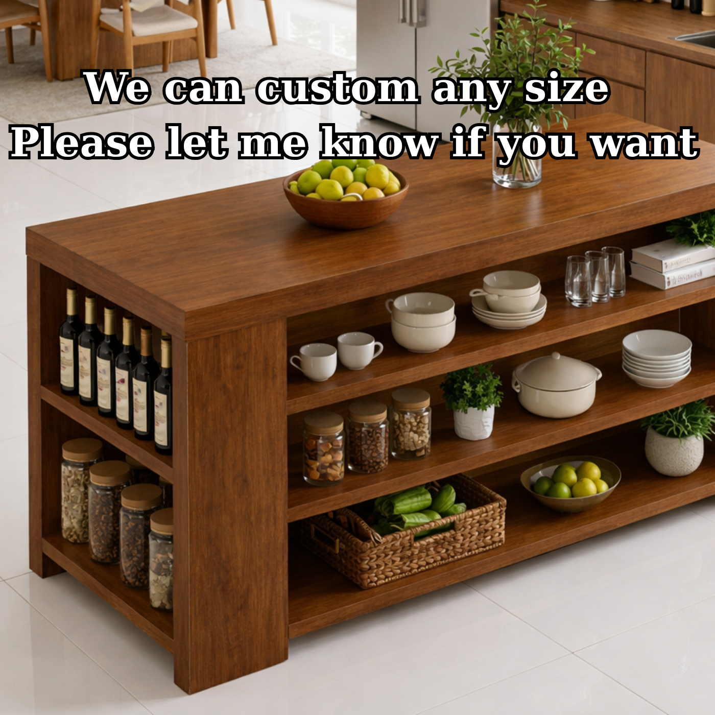 Solid Wood Kitchen Island with Open Shelves – Storage Prep Table