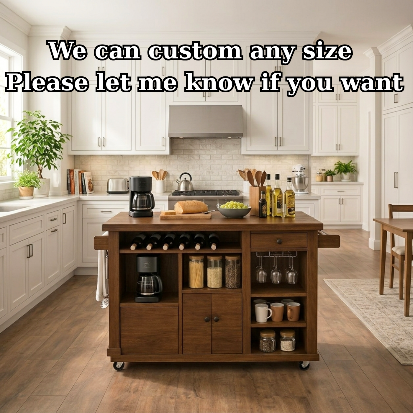 Solid Wood Rolling Kitchen Island with Wine Rack & Storage – Kitchen Cart on Wheels