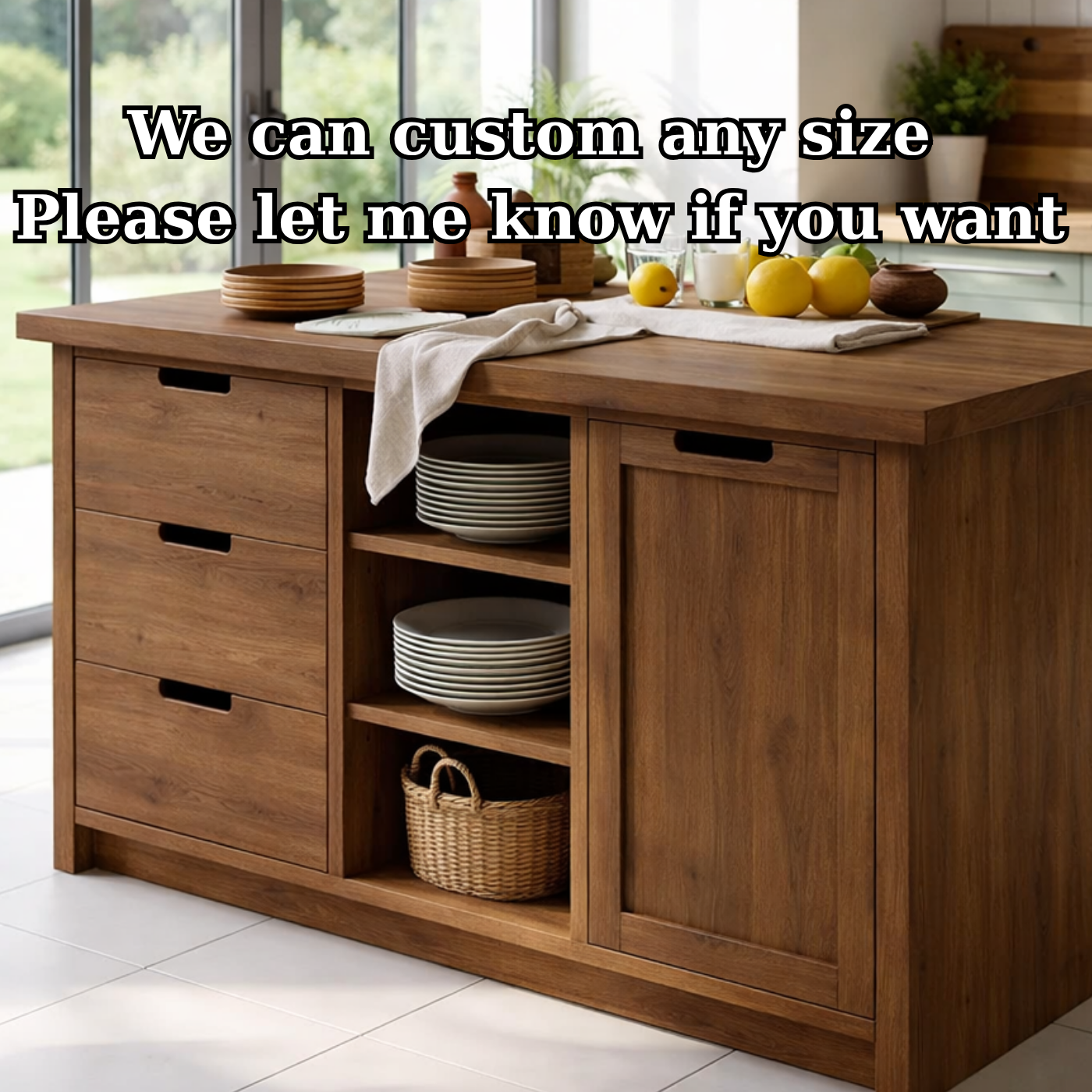 Solid Wood Kitchen Island with Drawers & Open Shelves – Modern Storage Table