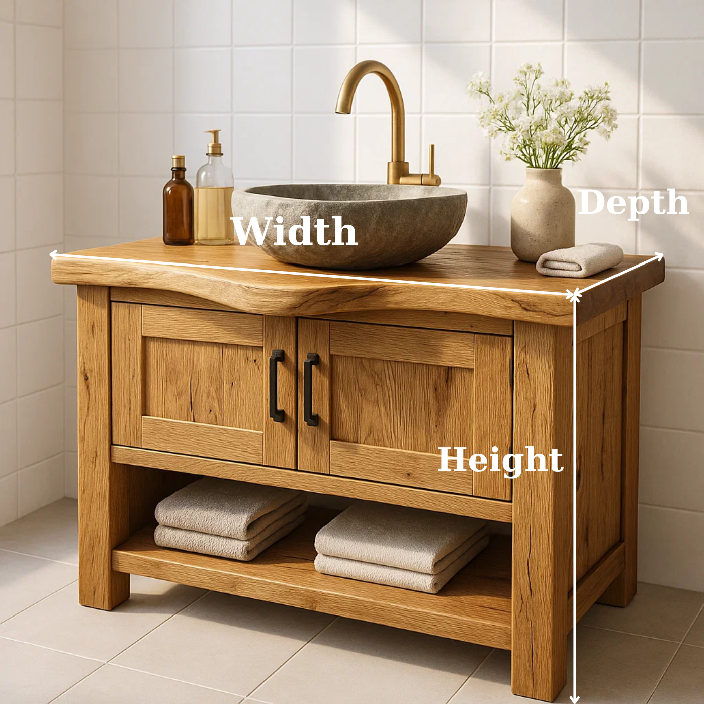 Solid Wood Bathroom Vanity with Double Cabinet Doors and Open Shelf for Organic Modern Bathrooms