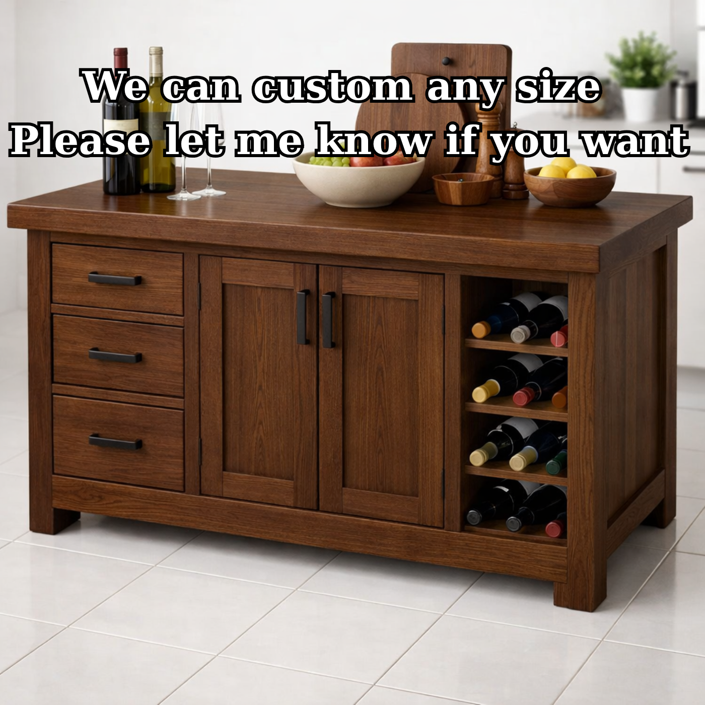 Solid Wood Kitchen Island with Wine Rack & Storage Drawers – Kitchen Storage Cabinet
