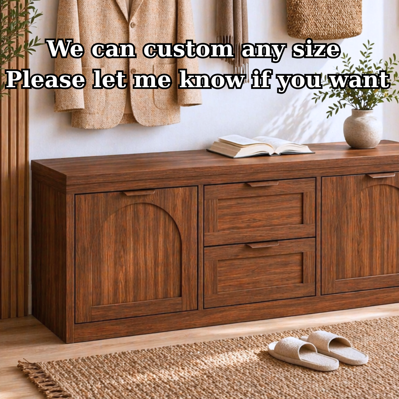 Solid Wood Entryway Bench with Storage Drawers – Shoe Cabinet with Arched Doors