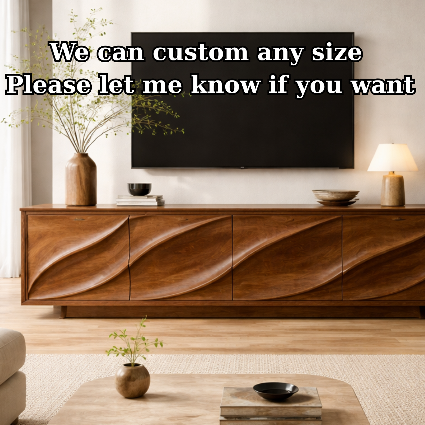 Solid Wood TV Stand with Carved Wave Front – Modern Luxury Media Console Cabinet