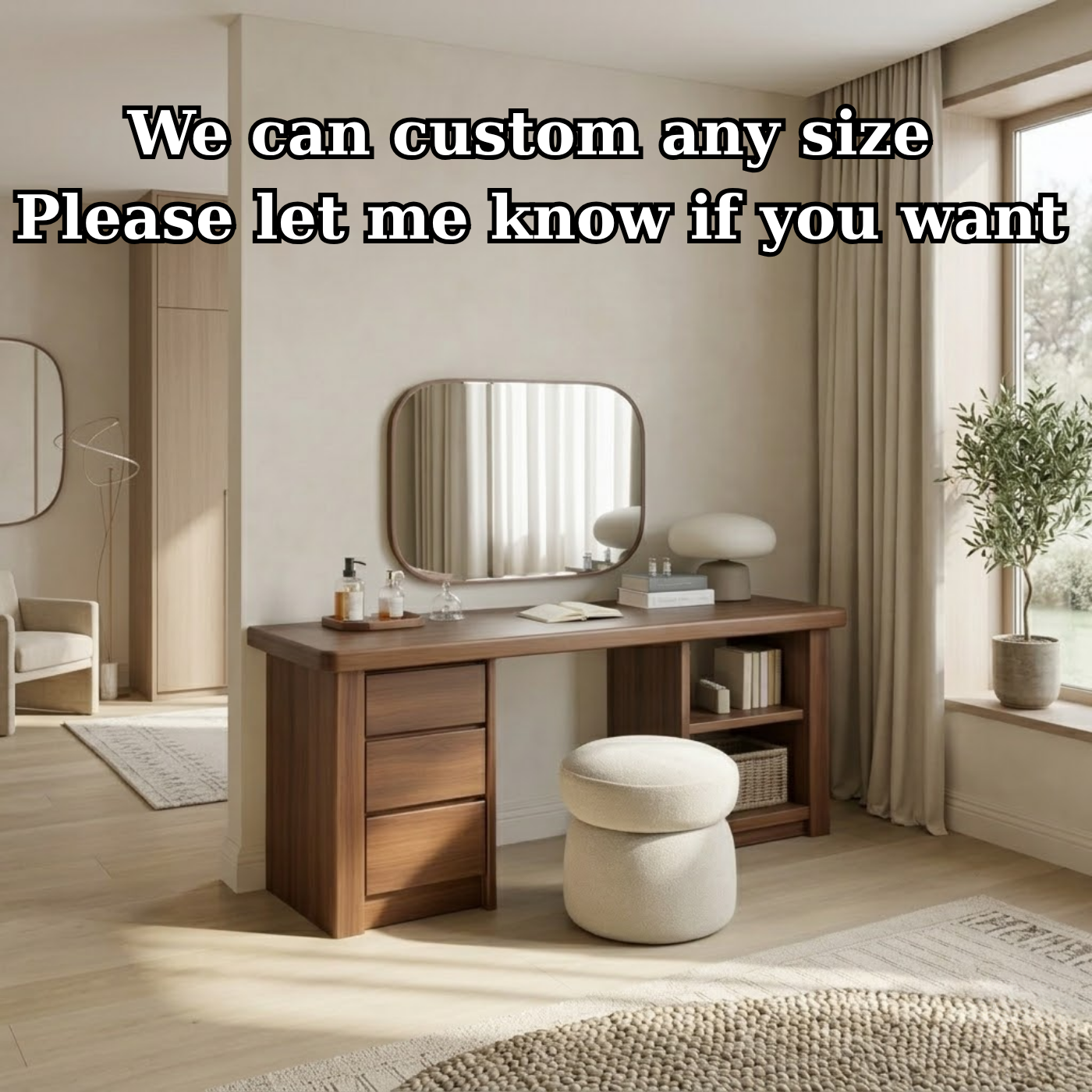 Solid Wood Makeup Vanity Desk – Minimalist Dressing Table with Drawers & Open Shelf