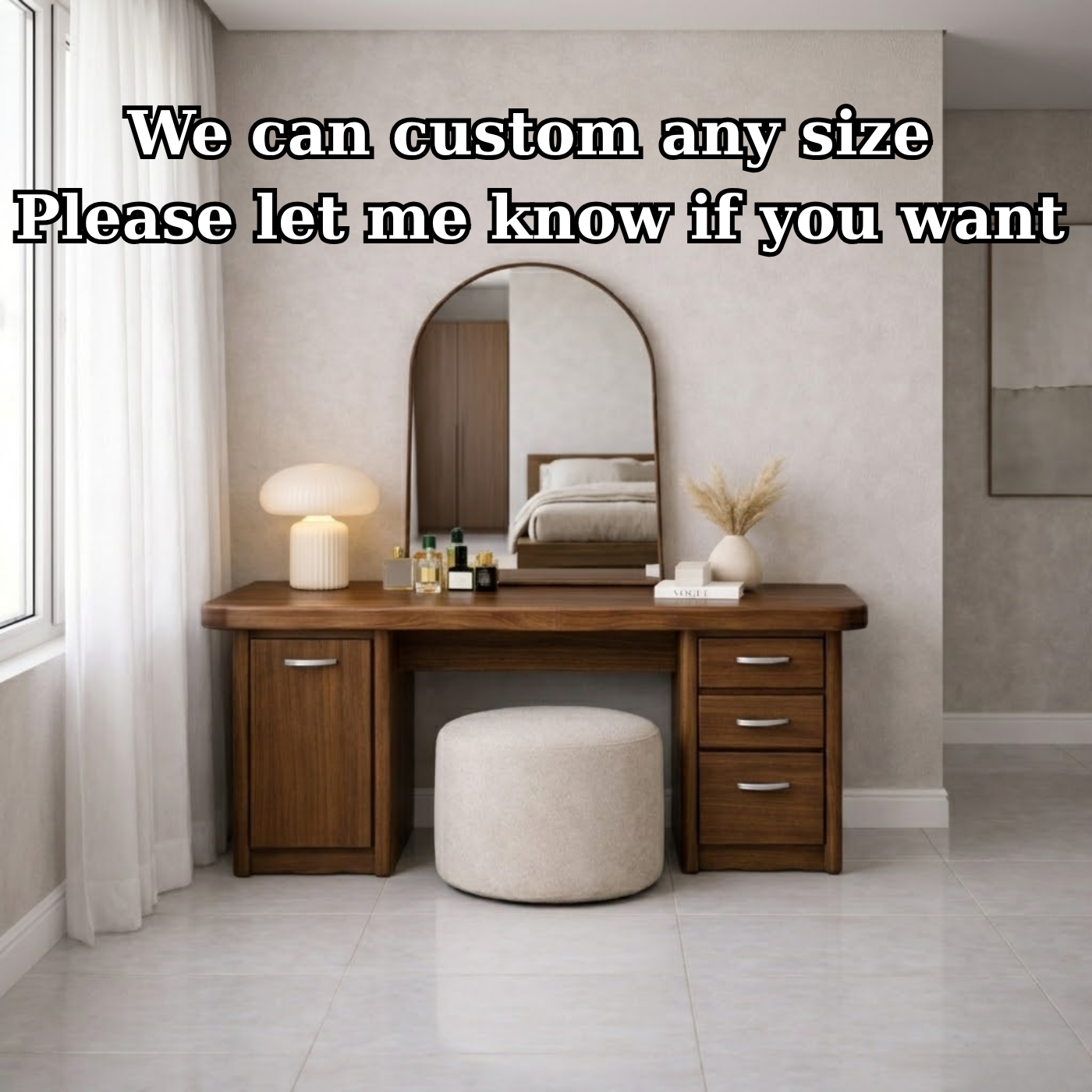 Solid Wood Makeup Vanity Desk with Side Cabinet and 3 Drawers, Modern Wooden Dressing Table