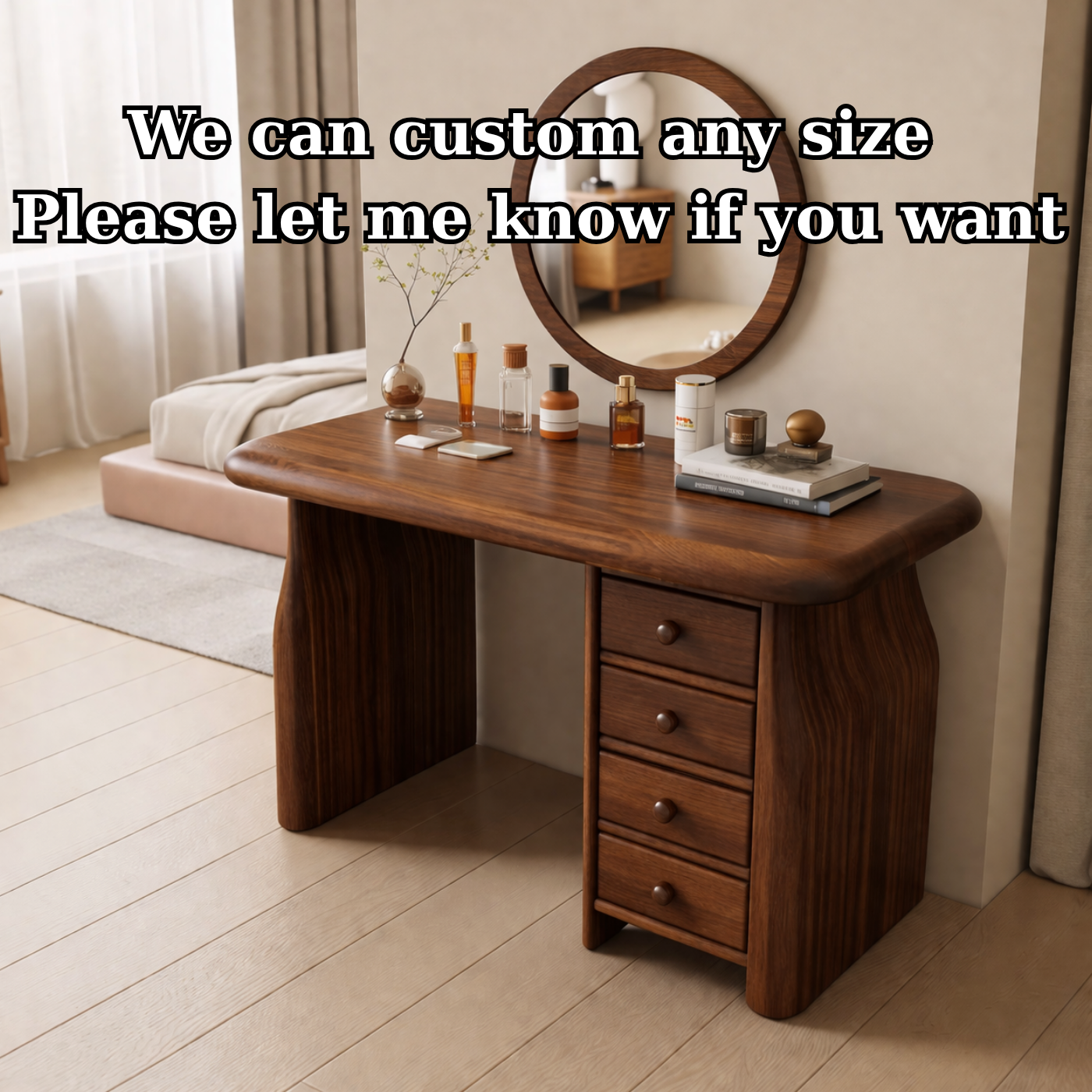 Solid Wood Makeup Vanity Desk with 4 Drawers, Curved Sculptural Wooden Dressing Table