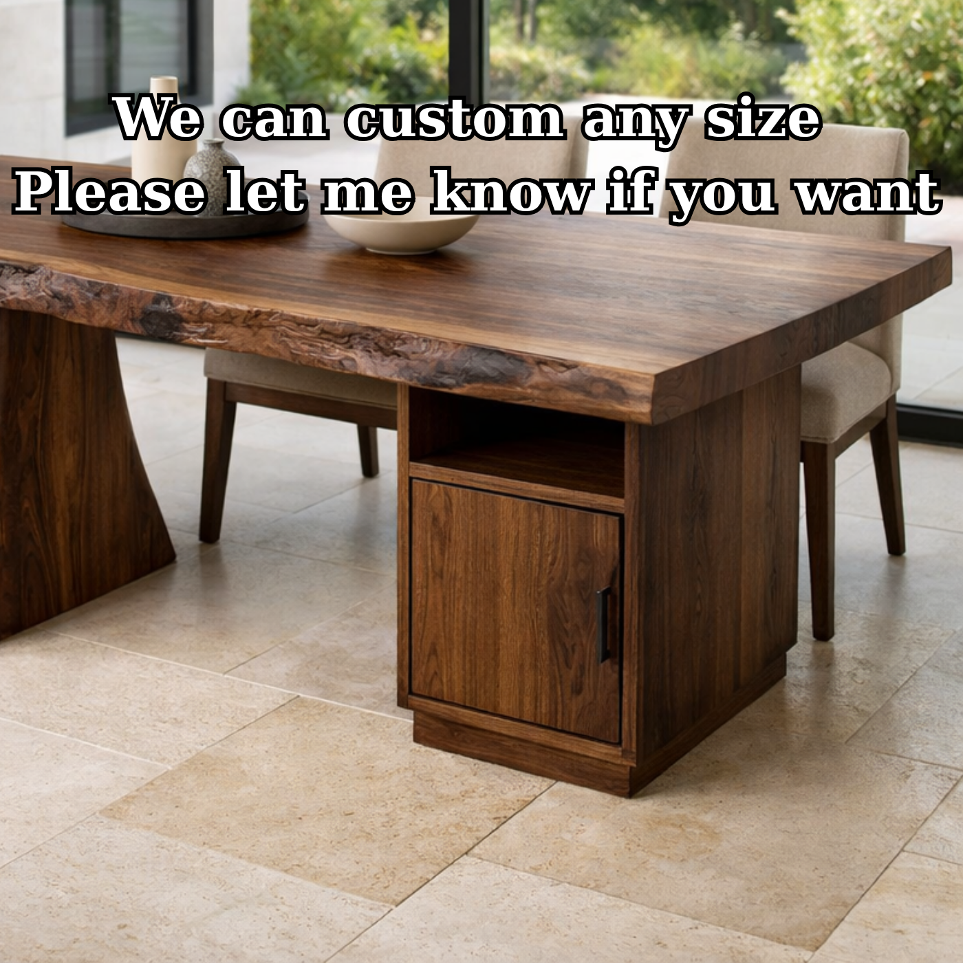 Solid Wood Live Edge Dining Table with Storage Cabinet and Sculptural Base