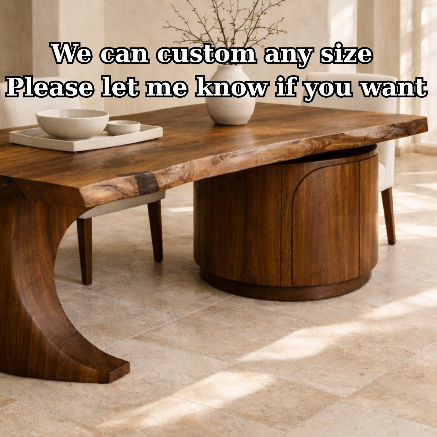 Solid Wood Live Edge Dining Table with Curved Base and Round Storage Cabinet