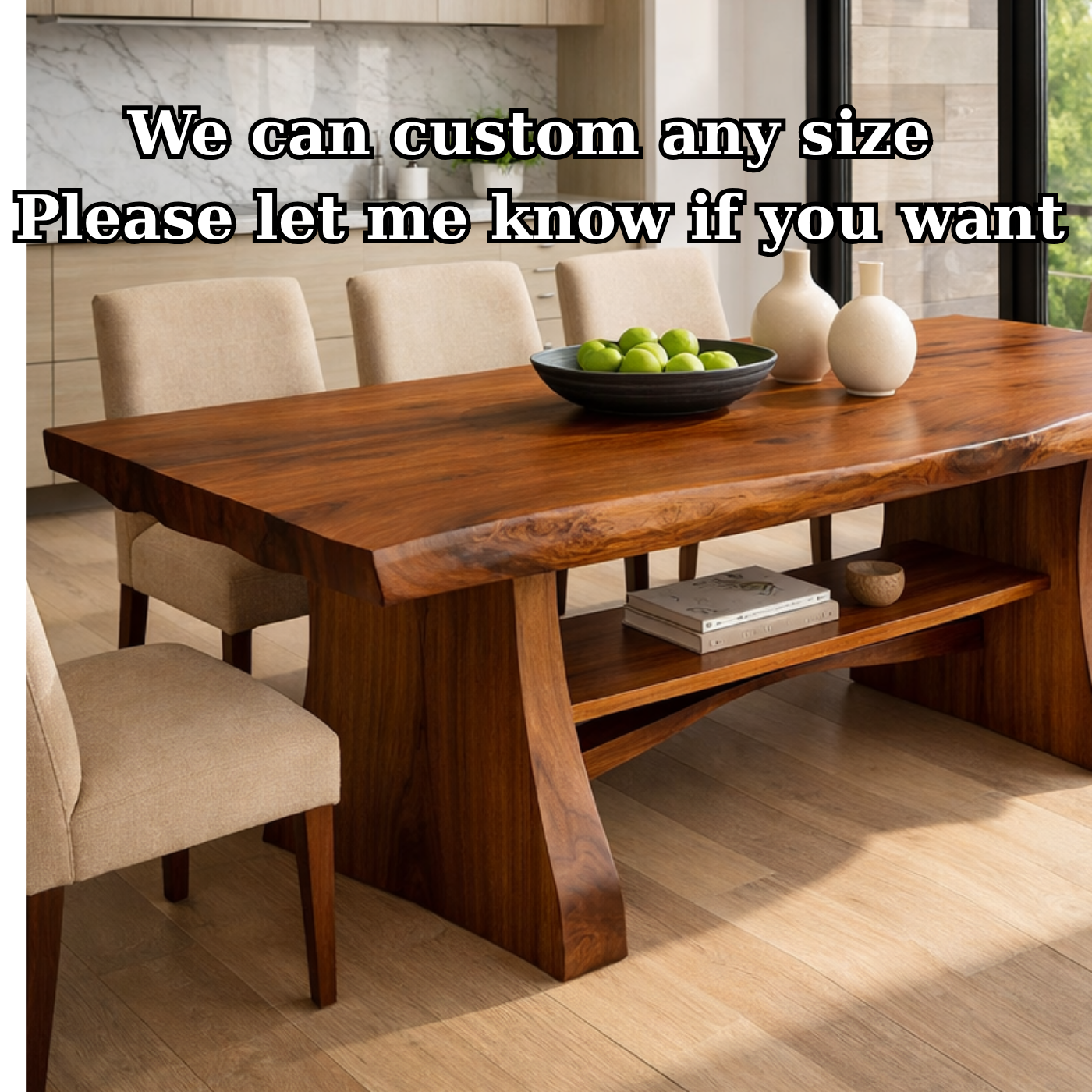 Solid Wood Live Edge Dining Table with Sculptural Base and Open Shelf