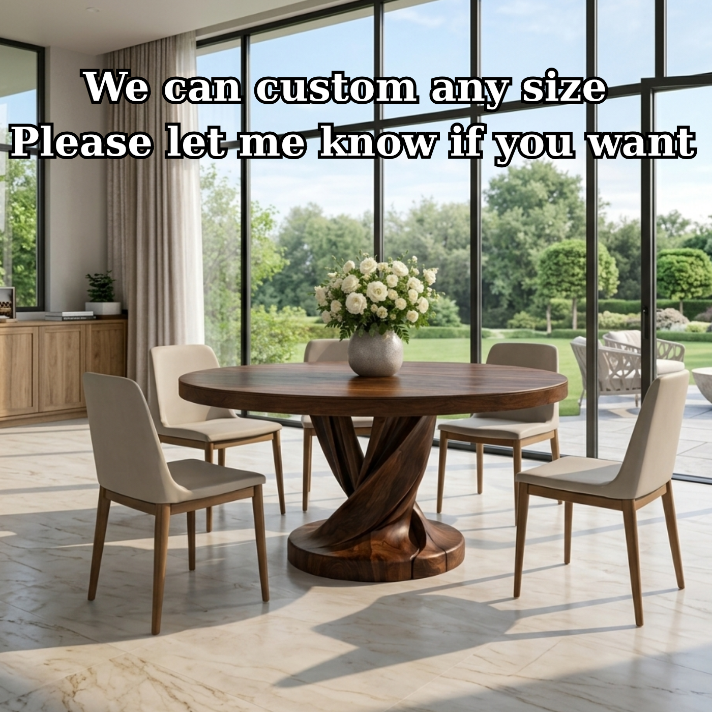 Round Solid Wood Dining Table with Sculptural Twisted Pedestal Base