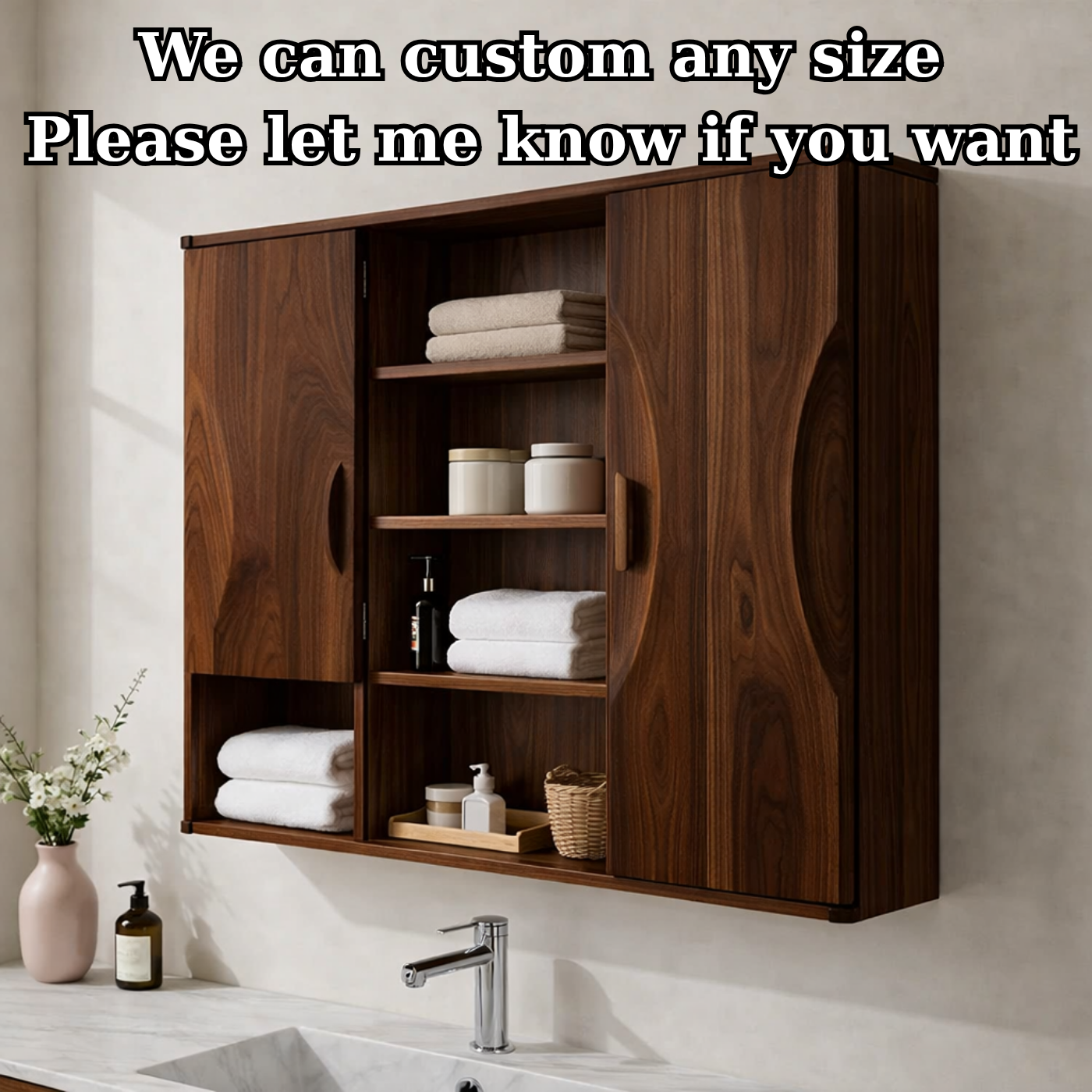 Solid Wood Floating Bathroom Cabinet with Double Doors & Open Shelves