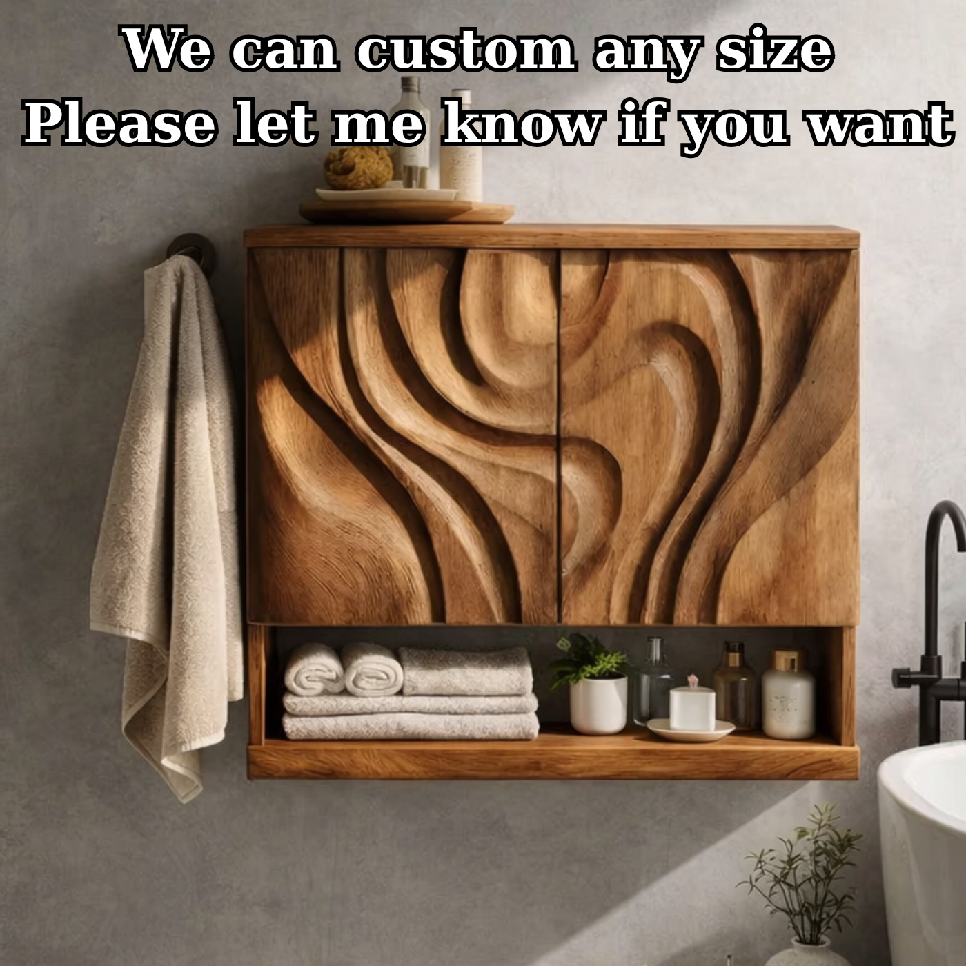 Solid Wood Floating Bathroom Vanity Cabinet with Sculptural Wave Doors