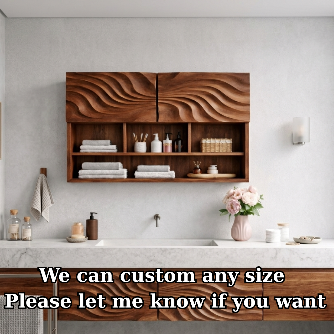 Solid Wood Floating Bathroom Shelf Cabinet with Wave Carved Doors