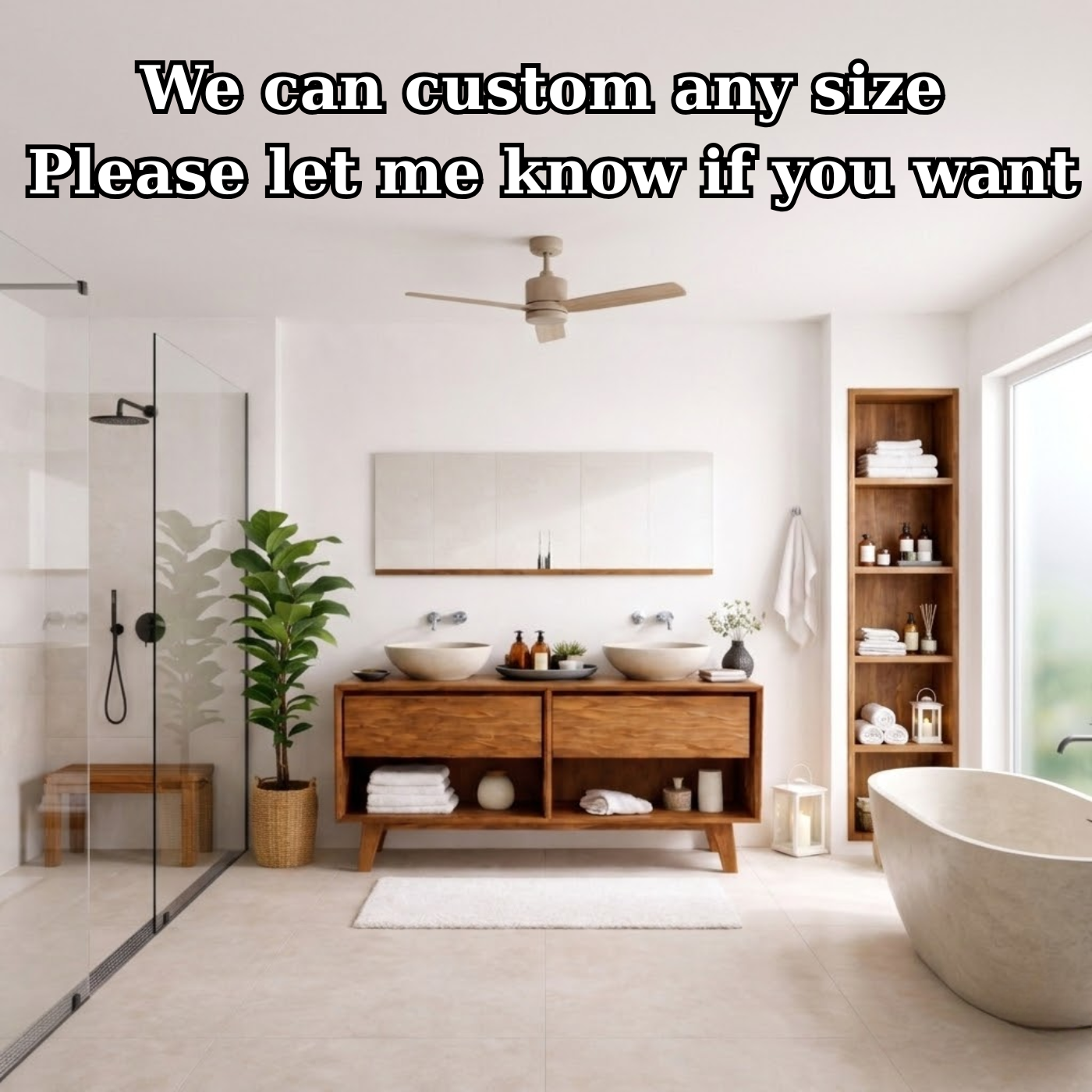 Mid-Century Solid Wood Double Bathroom Vanity with Sculpted Wave Drawer Fronts and Open Storage