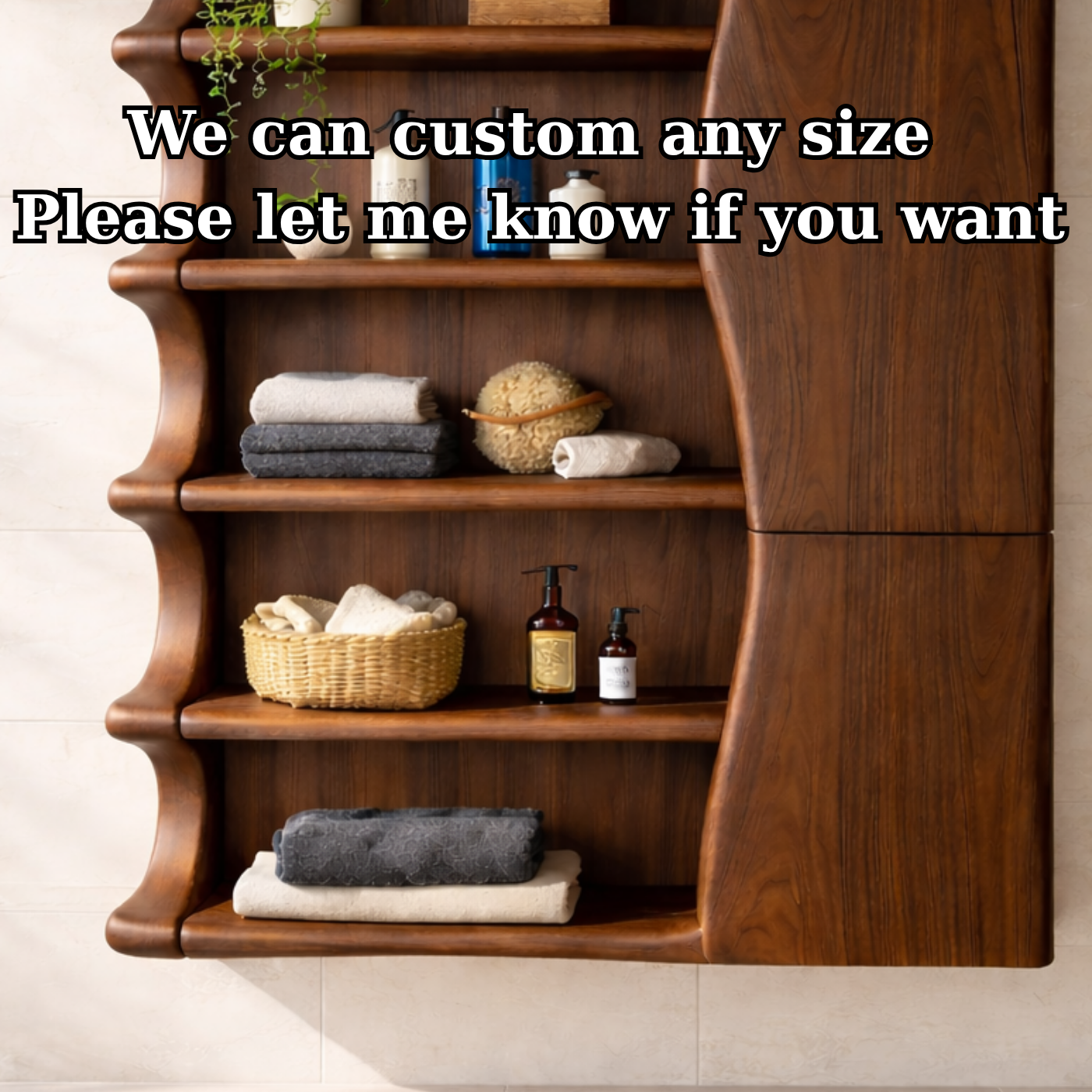 Solid Wood Floating Bathroom Cabinet with Wave Edge Shelves & Storage Door