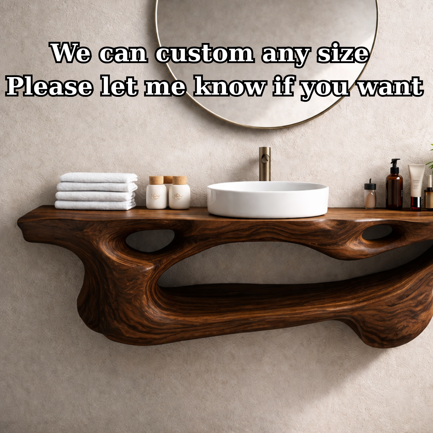 Solid Wood Floating Bathroom Vanity with Sculptural Live Edge – Modern Organic Wall Mounted Cabinet