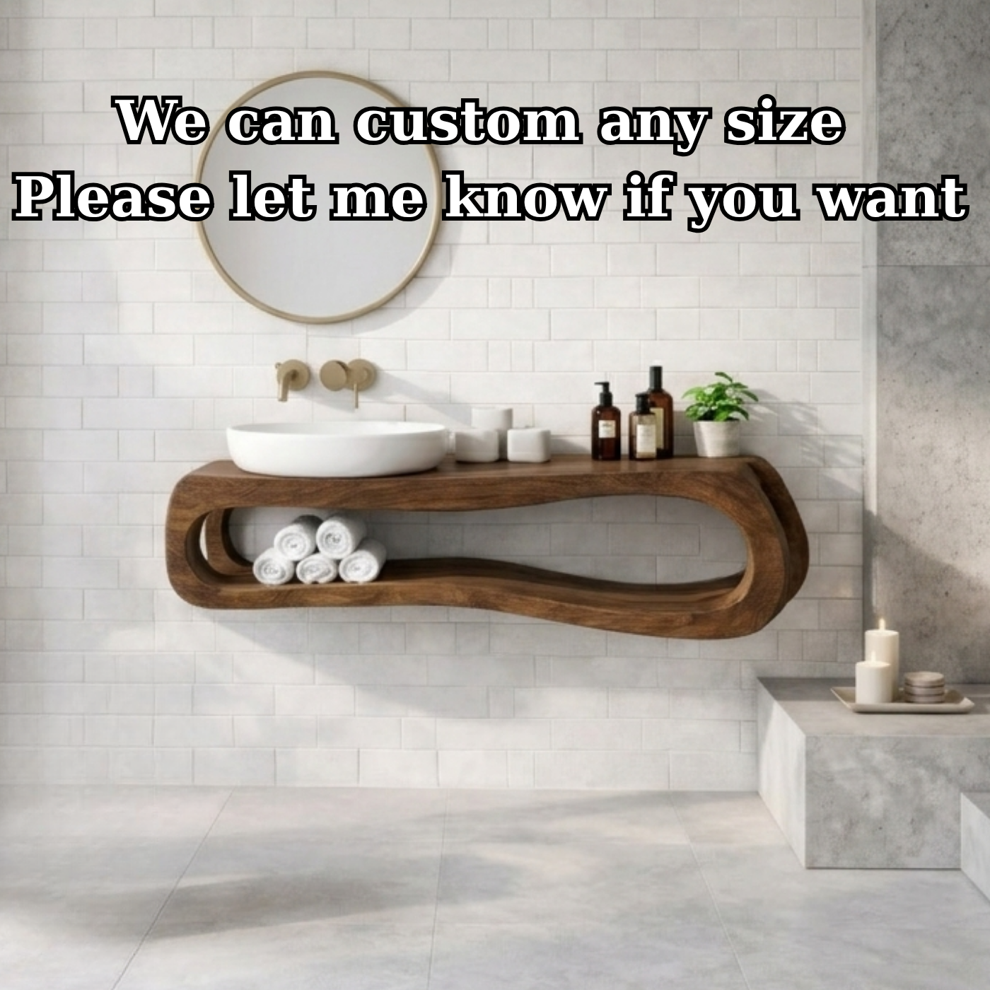 Solid Wood Floating Bathroom Vanity with Open Shelf – Modern Curved Wall Mounted Cabinet