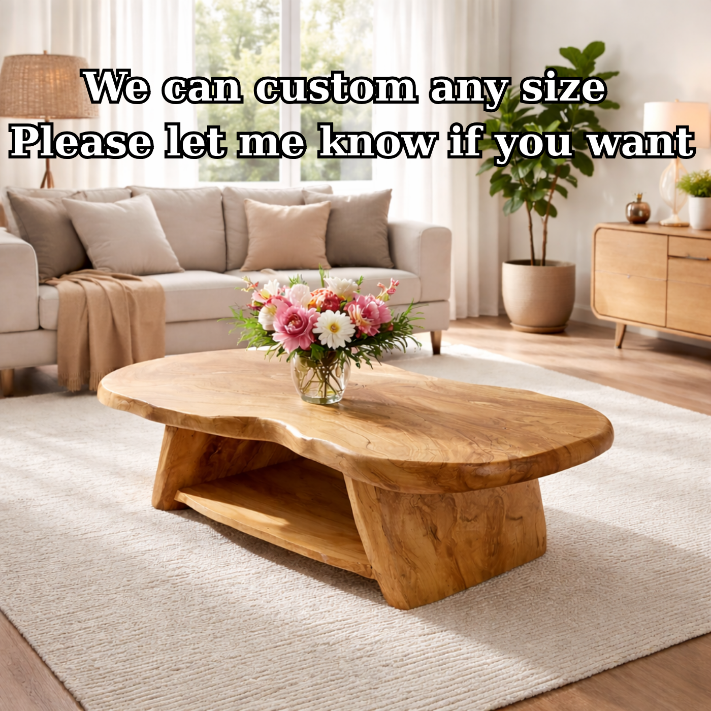 Organic Solid Wood Coffee Table with Sculpted Base in Light Natural Oak