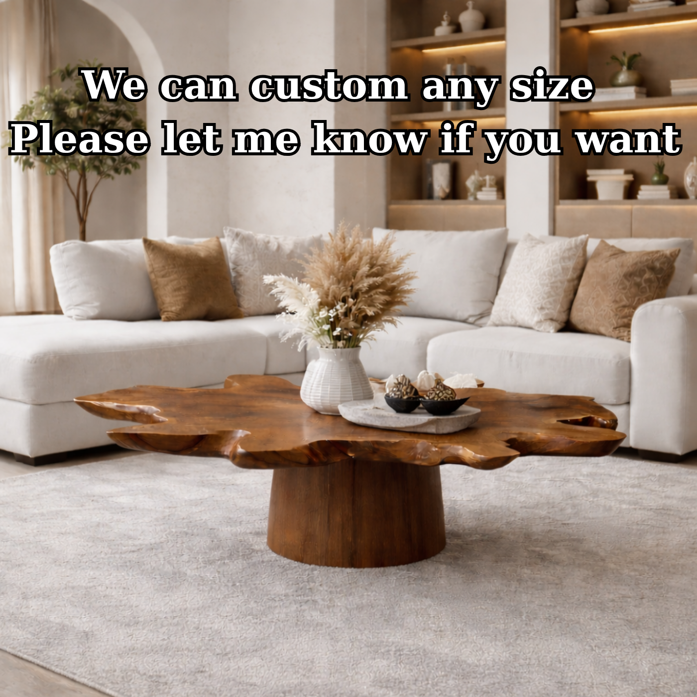 Solid Wood Live Edge Coffee Table with Thick Slab Top & Pedestal Base