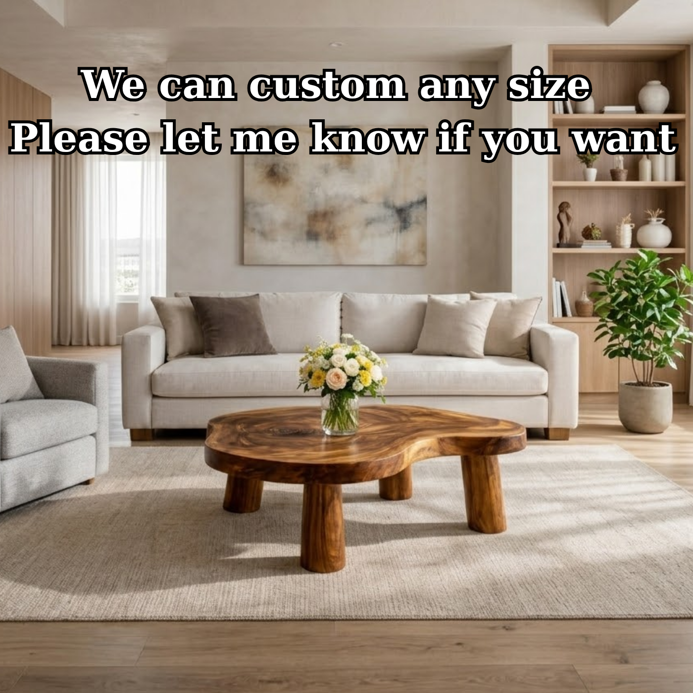 Live Edge Solid Wood Coffee Table with Chunky Legs in Warm Walnut Finish